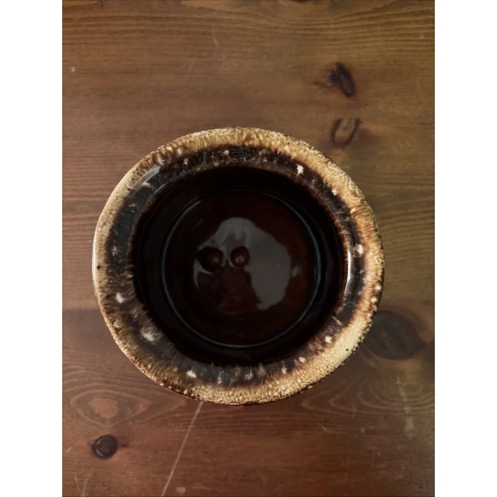 Hull Bean‎ Pot Pottery Brown Drip Glaze Design Molded Handles No Lid